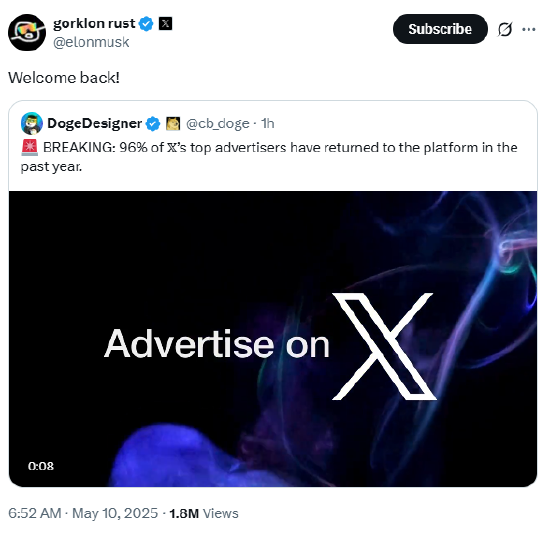 鸿满仓 X平台的头部广告客户已回归了96%，马斯克：欢迎